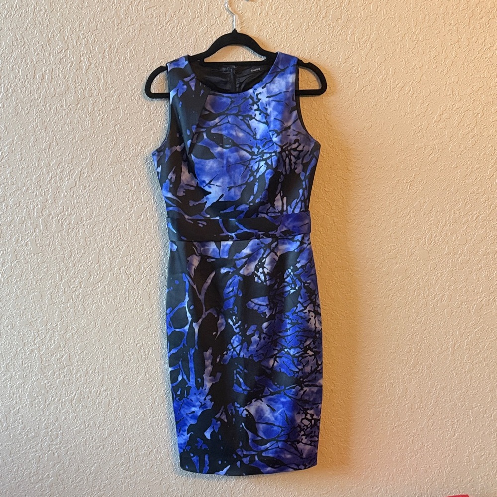 Tahari Blue and Black Abstract Midi Dress